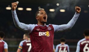 Aston Villa's Jamaican striker #31 Leon Bailey celebrates after scoring the opening goal during the English Premier League football match between Aston Villa and Manchester City at Villa Park in Birmingham, central England on December 6, 2023.Adrian DENNIS 