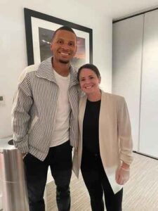 Sprinter Andre De Grasse and former Canadian international Diana Matheson are shown at the Canadian women’s soccer Olympic qualifier against Jamaica at BMO Field, in Toronto in a Sept. 26, 2023, handout photo. De Grasse has invested in AFC Toronto FC, one of the teams in Matheson’s proposed women’s professional soccer league