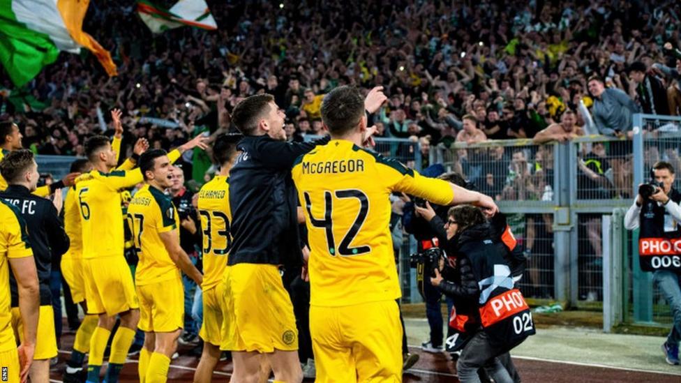 Celtic players celebrated after a famous night at the Olympic Stadium in Rome