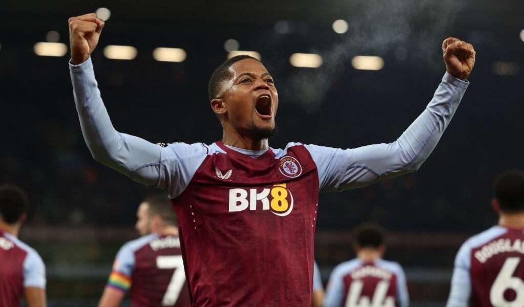 Aston Villa's Jamaican striker #31 Leon Bailey celebrates after scoring the opening goal during the English Premier League football match between Aston Villa and Manchester City at Villa Park in Birmingham, central England on December 6, 2023.Adrian DENNIS